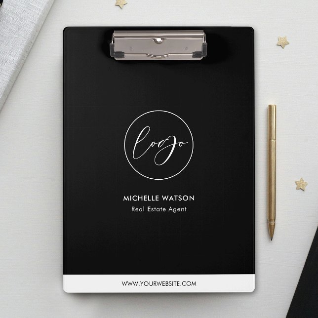Minimalistisches Firmenlogo - Schwarzweißwerbung Klemmbrett (Business logo corporate black clipboard with your contact details on the back)