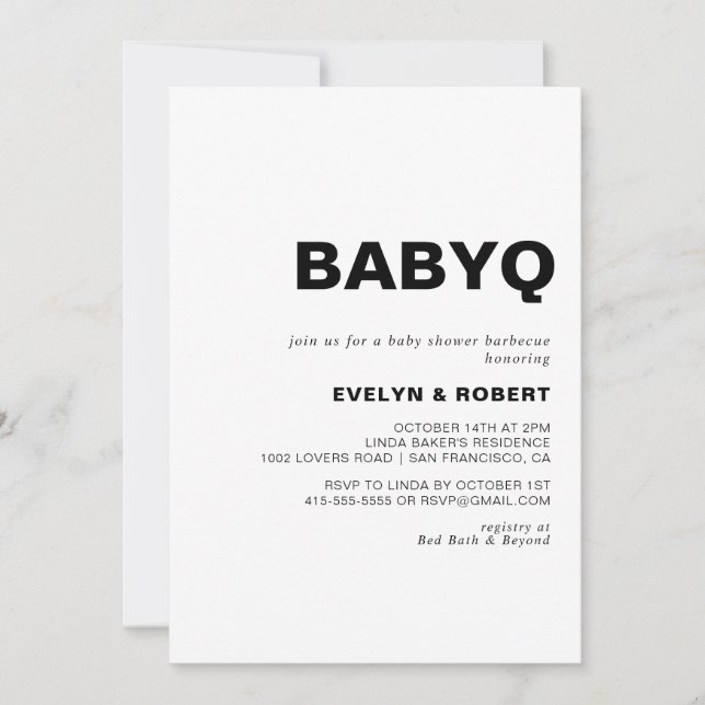 Minimalistisches formales BabyQ Baby Duschgrill Einladung (Vorderseite)