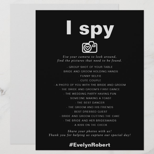 Minimalistisches formales Black I Spy Wedding Game (Vorne/Hinten)
