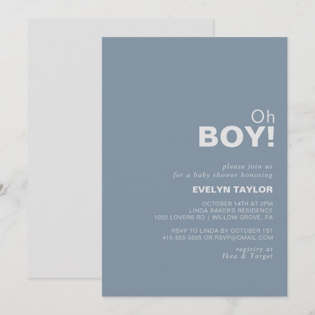 Minimalistisches formales Blue Oh Boy Baby Dusche Einladung (Vorne/Hinten)