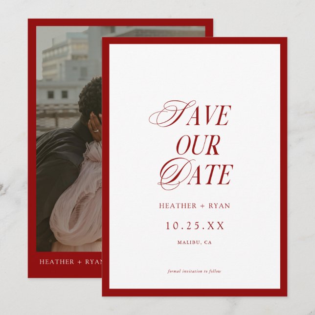 Minimalistisches formales Red Wedding Foto Save The Date (Vorne/Hinten)