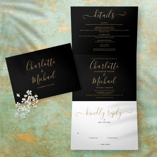 Minimalistisches Foto Hochzeit mit Schwarz und Gol Dreifach Gefaltete Einladung (Von Creator hochgeladen)
