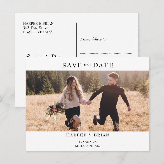 Minimalistisches Foto Hochzeit Speichern Sie das D Ankündigungspostkarte (Vorne/Hinten)