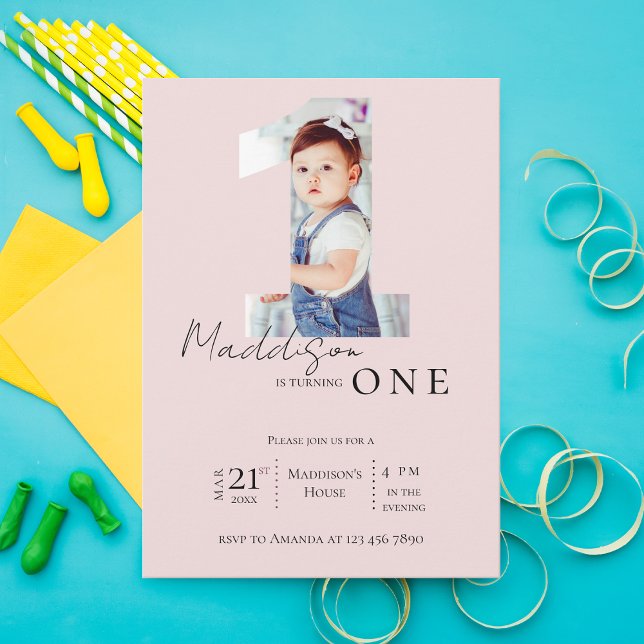 Minimalistisches Foto Kinder Elegante Erste Geburt Einladung (Minimalist Photo Kids Elegant First Birthday Party Invitation)