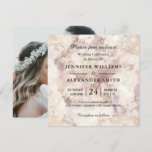 Minimalistisches Foto mit weißem Marmor Hochzeitse Einladung (Vorne/Hinten)