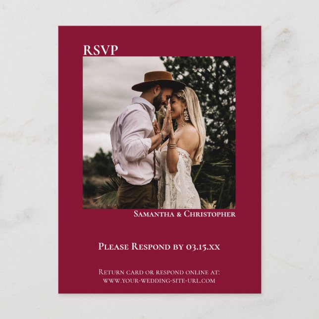 Minimalistisches Foto Modernes Cranberry Red Weddi Postkarte (Vorderseite)