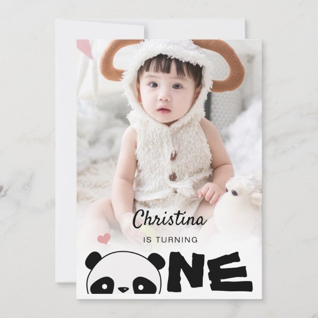 Minimalistisches Foto Niedlich Panda Erste Geburts Einladung (Vorderseite)