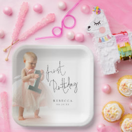 Minimalistisches Foto Overlay Script 1. Geburtstag Pappteller