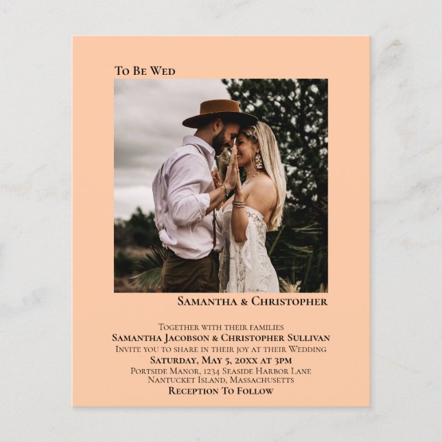 Minimalistisches Foto Peach BUDGET Hochzeit Einlad (Vorderseite)