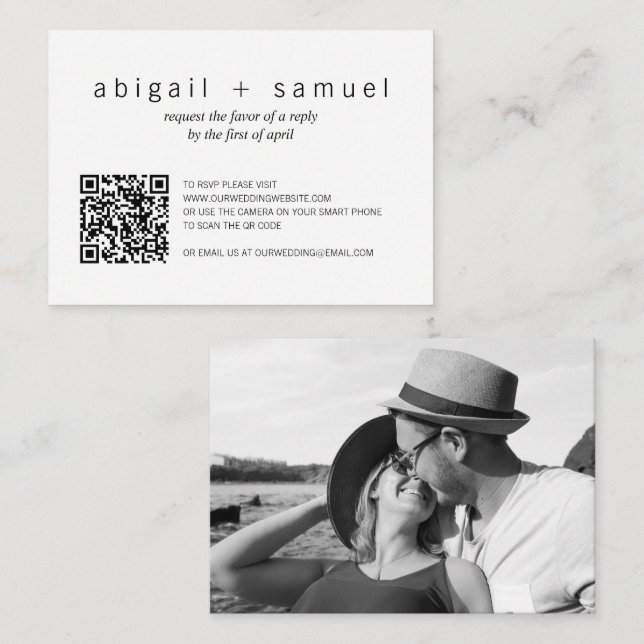 Minimalistisches Foto QR Code Wedding Mini RSVP Ca Mitteilungskarte (Vorne/Hinten)