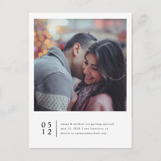 Minimalistisches Foto Save the Date Ankündigungspostkarte (Vorderseite)