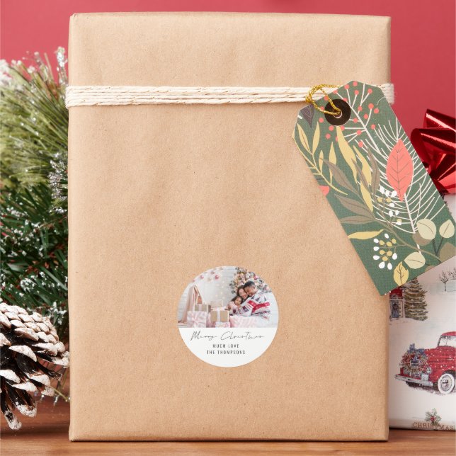 Minimalistisches Foto Script Frohe Weihnachten Runder Aufkleber (Feiertag)