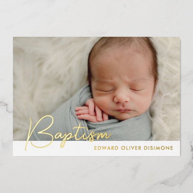 Minimalistisches Foto Taufe Gold Foil Einladung (Vorderseite)