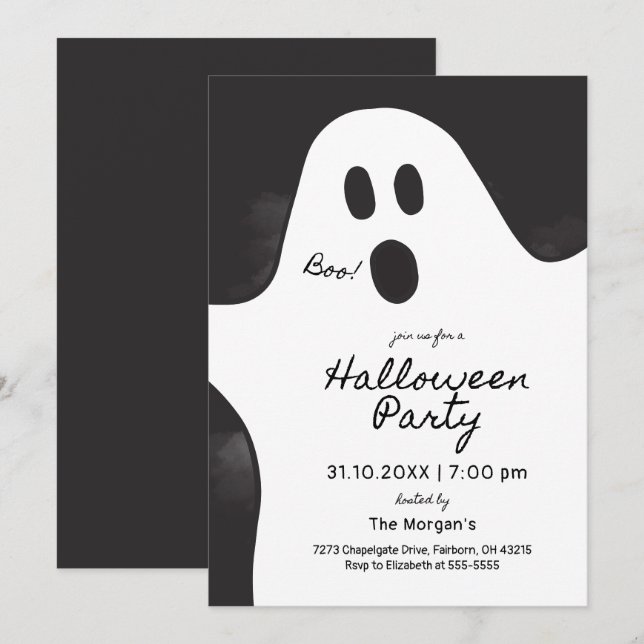 Minimalistisches Ghost-Halloween-Party in Schwarz  Einladung (Vorne/Hinten)