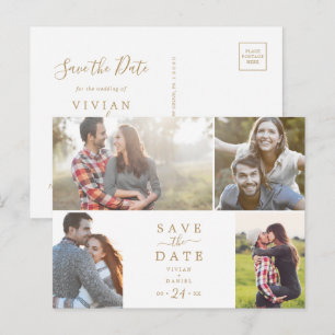 Minimalistisches Gold 4-Fotopatalog Save the Date Einladungspostkarte