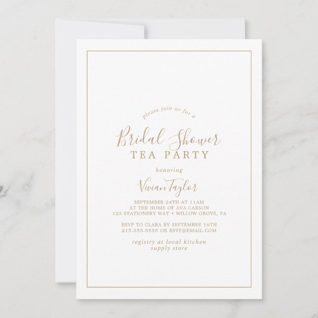 Minimalistisches Gold Brautparty Tee Party Einladung (Vorderseite)