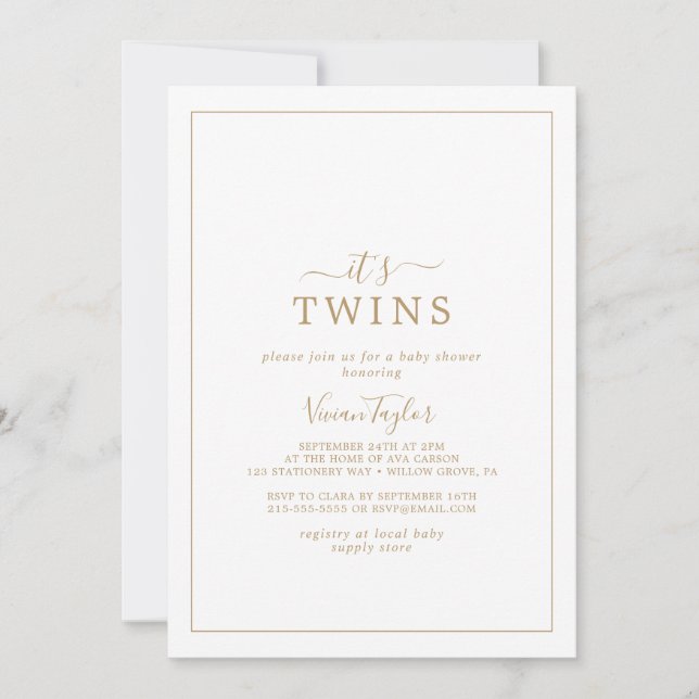 Minimalistisches Gold Es ist Twins Baby Dusche Einladung (Vorderseite)