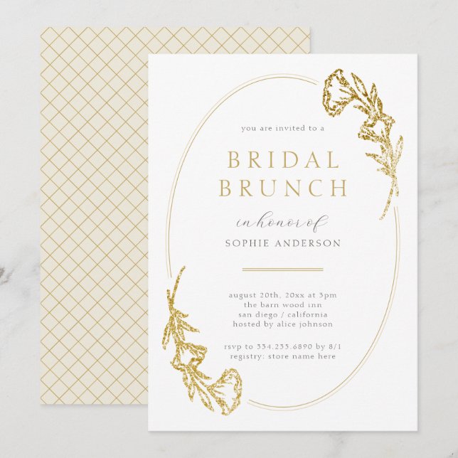 Minimalistisches Gold Floral Brautparty Brunch Einladung (Vorne/Hinten)