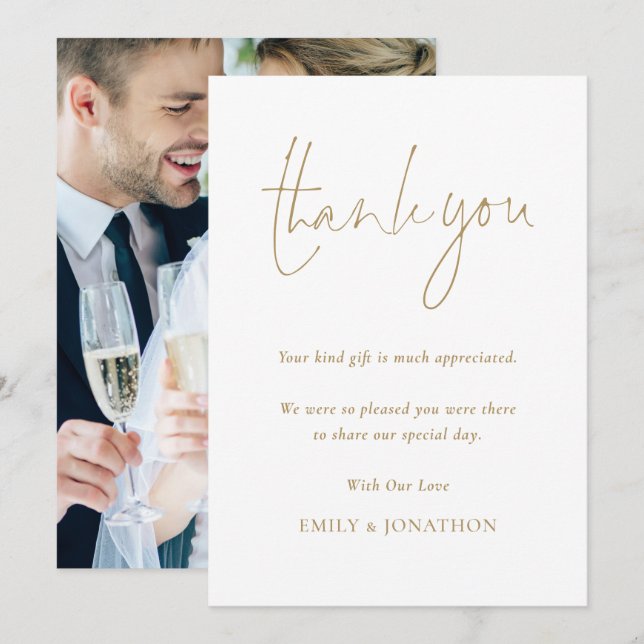 Minimalistisches Gold Script Foto Hochzeit Vielen  Karte (Vorne/Hinten)