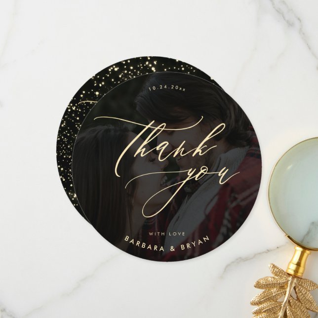 Minimalistisches Gold Script Glitzer Wedding Foto Dankeskarte (Vorderseite/Rückseite Beispiel)