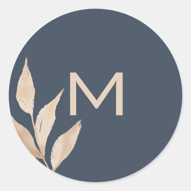 Minimalistisches Goldblatt-Monogramm-Nabelblau Runder Aufkleber (Vorderseite)