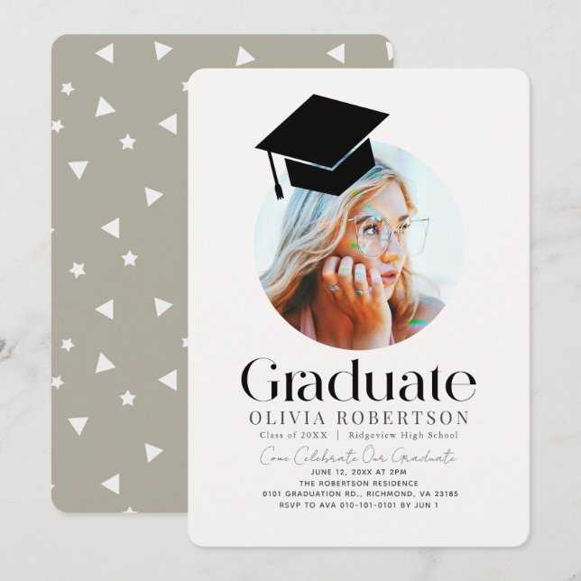 Minimalistisches Graduiertenkap Khaki-Foto Einladung (Vorne/Hinten)