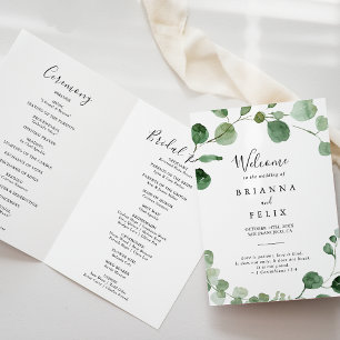 Minimalistisches grünes Eukalyptus-Folded-Hochzeit Programm