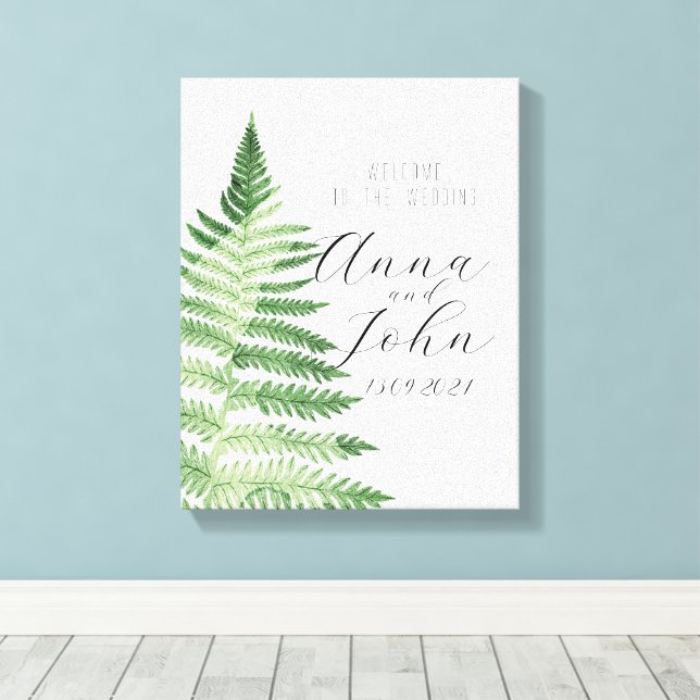 Minimalistisches Grünes Fern-Hochzeitsszeichen Leinwanddruck (Insitu (Holzboden))