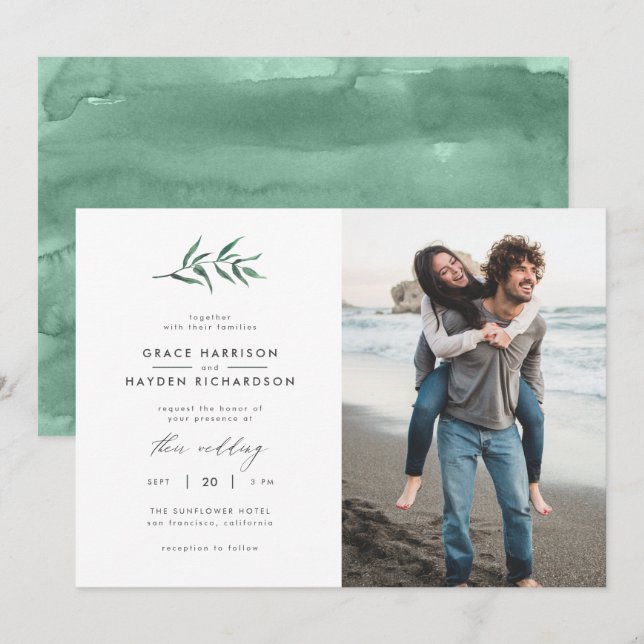 Minimalistisches Grünes Foto für Hochzeiten Einladung (Vorne/Hinten)