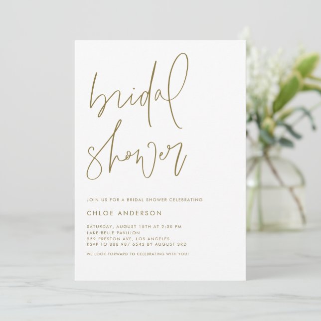 Minimalistisches handgeschriebenes Script-Gold-Bra Einladung (Stehend Vorderseite)