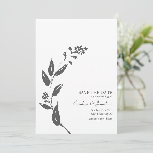 Minimalistisches handGezeichnet botanisches Schwar Save The Date (Stehend Vorderseite)