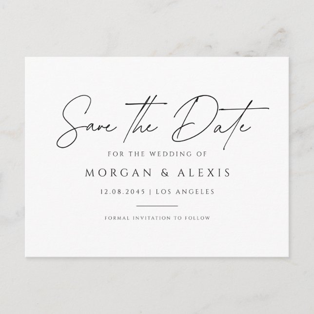 Minimalistisches Handschriftzeichen Save the Date Postkarte (Vorderseite)