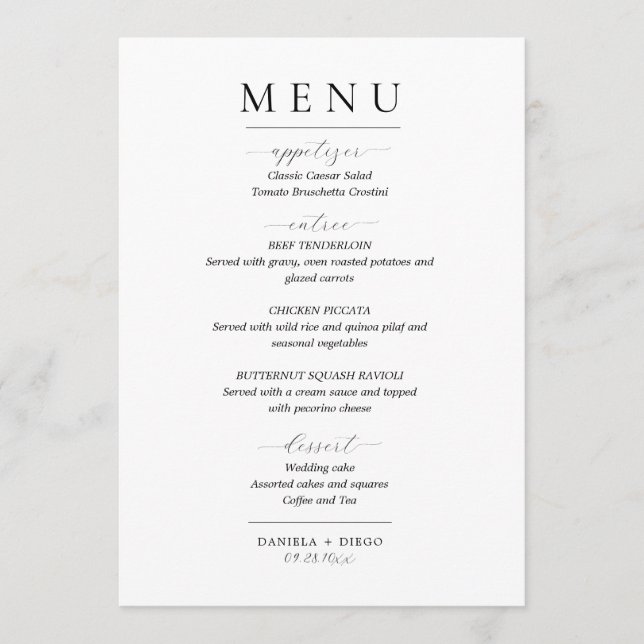 Minimalistisches Hochzeitmenü und Dankeschön-Karte Menükarte (Vorderseite)