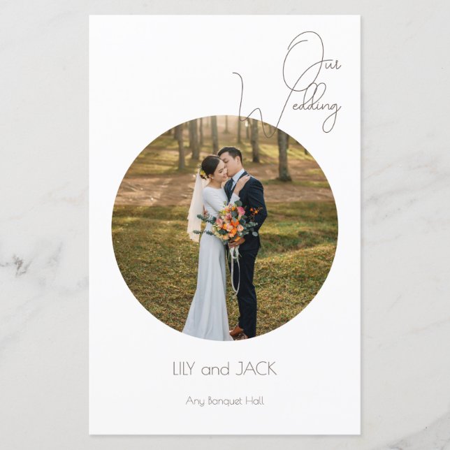 Minimalistisches Hochzeitsmenü am runden Foto (Vorderseite)
