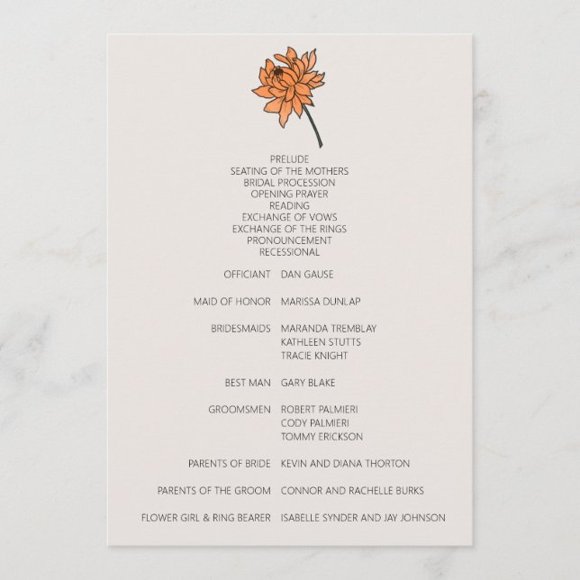 Minimalistisches Hochzeitsprogramm Chrysanthemum Programm (Vorderseite)