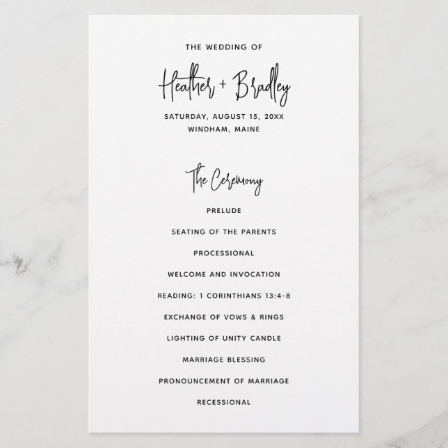 Minimalistisches Hochzeitsprogramm für Schwarz und (Vorne)
