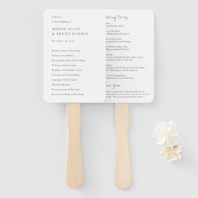 Minimalistisches Hochzeitsprogramm für Schwarz und Fächer (Vorne und Hinten)