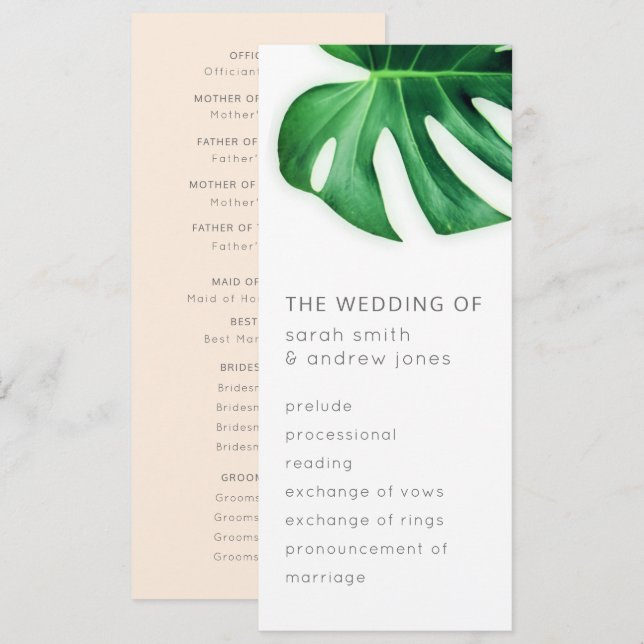 Minimalistisches Hochzeitsprogramm für tropische P Einladung (Vorne/Hinten)