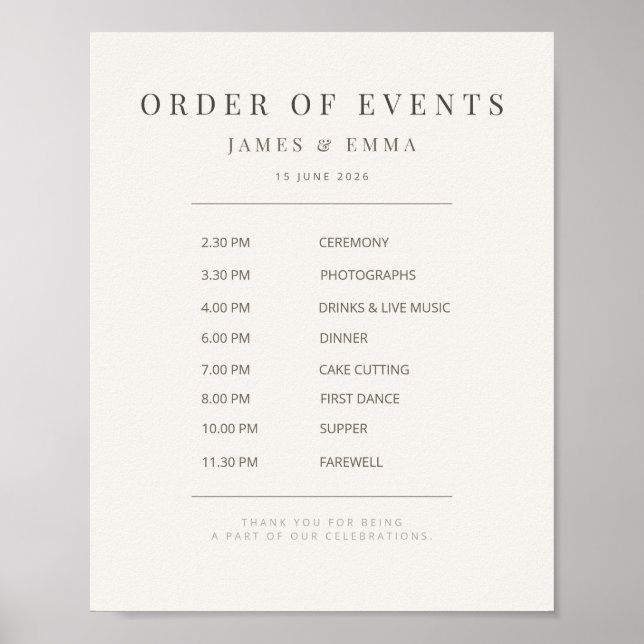 Minimalistisches Hochzeitsschild | Warmweiß Poster (Vorne)