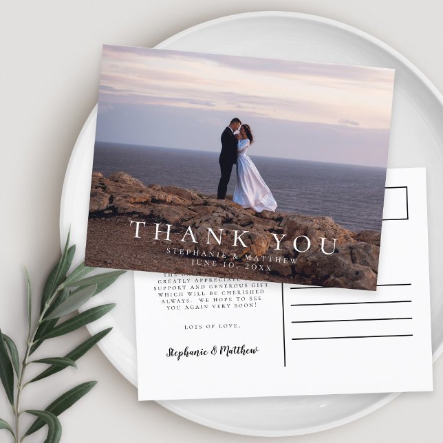 Minimalistisches Hochzeitsszenario Foto Dankeschön Postkarte (Minimalist Wedding Photo Thank You Message Postcard)