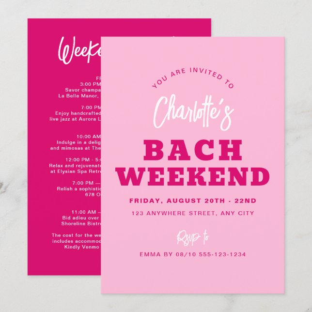 Minimalistisches Hot Pink Bachelorette Wochenende  Einladung (Vorne/Hinten)