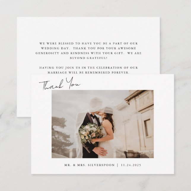 Minimalistisches Kalligrafie-Script-Hochzeitsskrip Dankeskarte (Vorne/Hinten)
