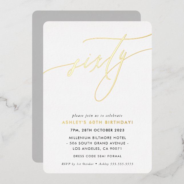 MINIMALISTISCHES Kalligraphie-Chic-Gold zum 60. Ge Folieneinladung (Vorderseite/Rückseite)