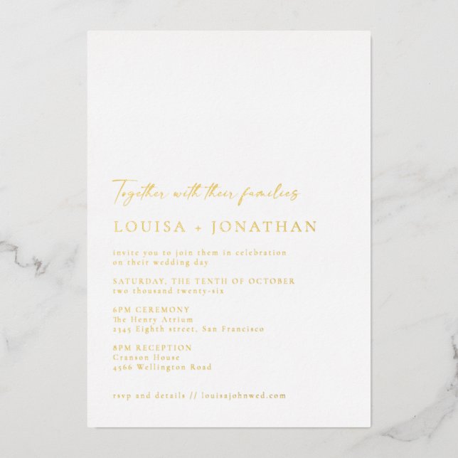 Minimalistisches klassisches Skript Hochzeit White Folieneinladung (Vorderseite)