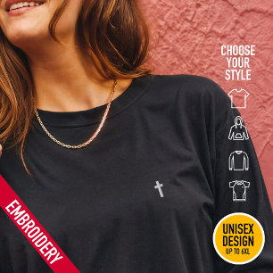 Minimalistisches kleines winziges Kreuz-Stickerei- Besticktes Langarmshirt