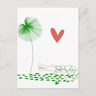 Minimalistisches Krokodil mit Herz und grüner Blum Postkarte
