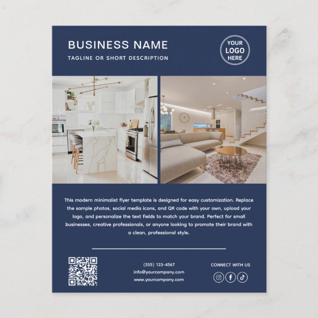 Minimalistisches Logo-Foto-QR-Code-Navyblau-Geschä Flyer (Vorne)
