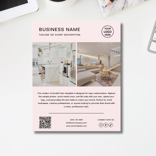 Minimalistisches Logo-Foto-QR-Code-Rosa-Geschäfts- Flyer (Minimalist Logo Photo QR Code Pink Business Flyer)