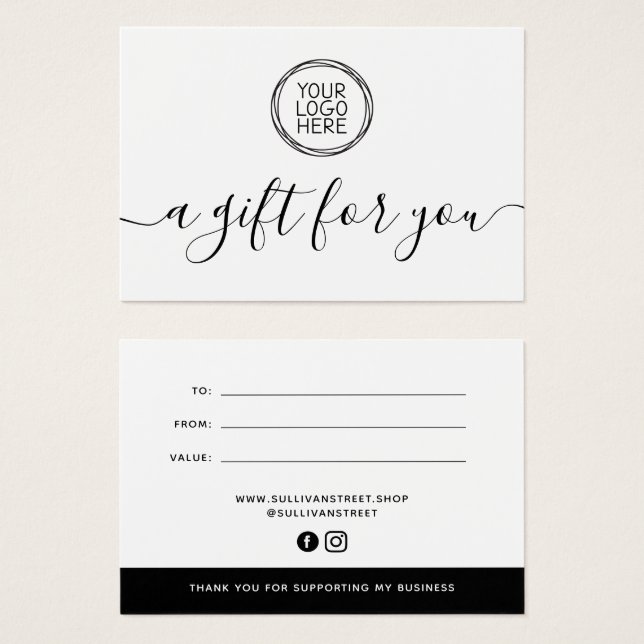 Minimalistisches Logo-Geschenkgutachten hinzufügen (Vorne & Hinten)