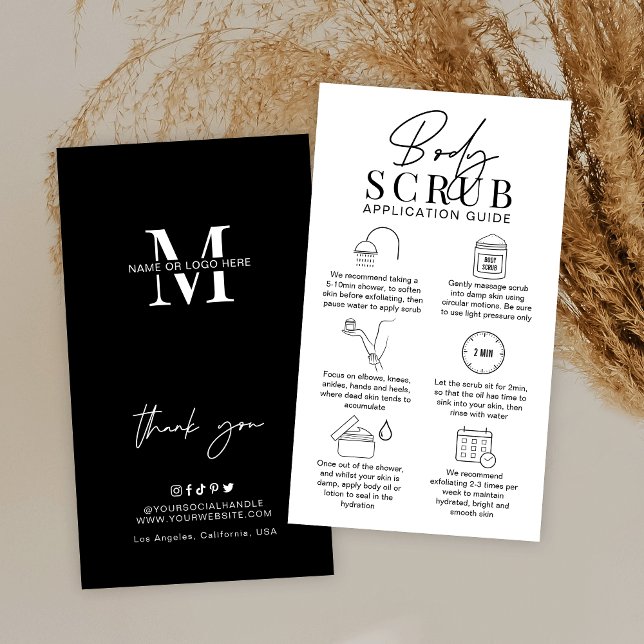 Minimalistisches Logo-Leitfaden für die Prüfung de Visitenkarte (Minimalist body scrub care cards in black and white, featuring care icons and space for your logo)